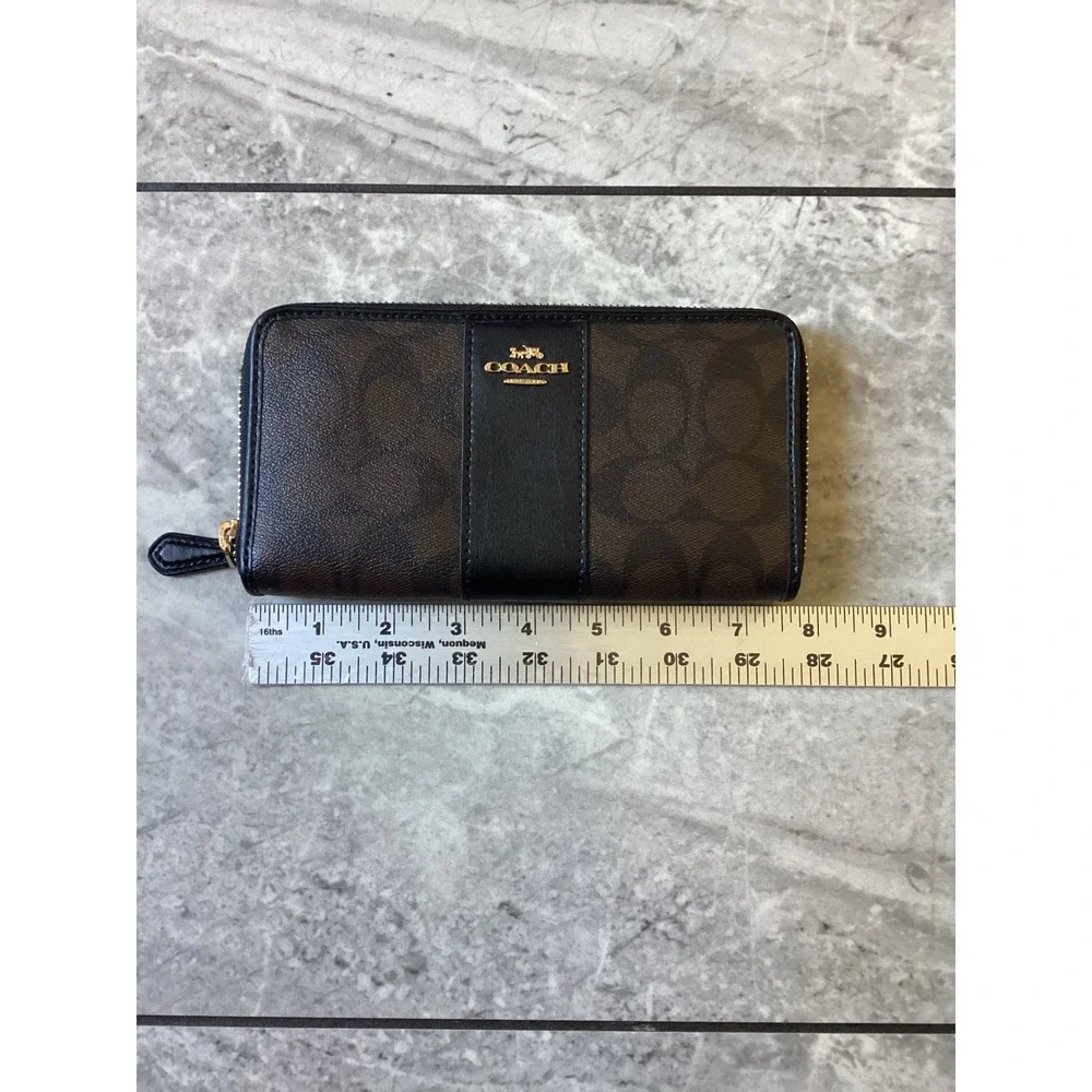 Coach Signature Canvas Accordion Zip Wallet Brown Black Gold Logo Long Clutch